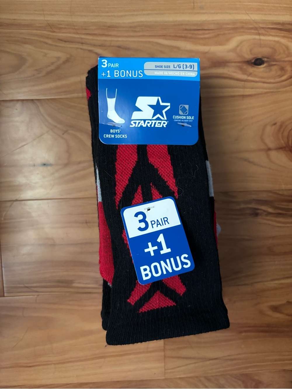STARTER Boys' Crew Socks - Black & Red (3 Pack +1 Bonus)